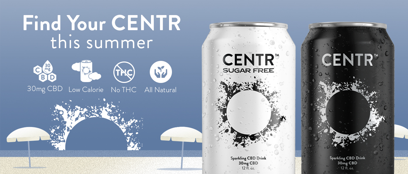 Cans of CENTR CBD against a blue backdrop