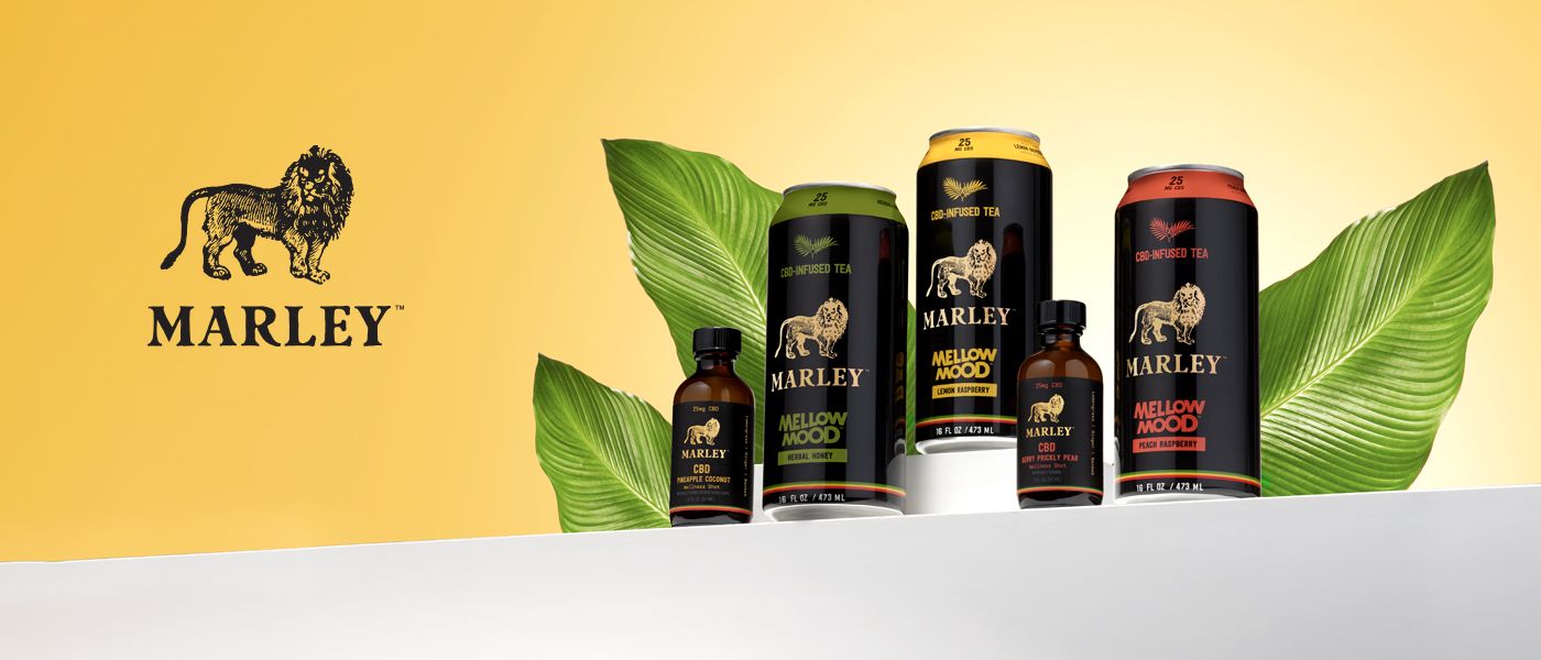 CBD branded products against a yellow backdrop