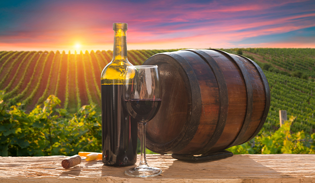 Red wine in a glass and bottle