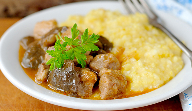 Wine braised beef with creamy polenta